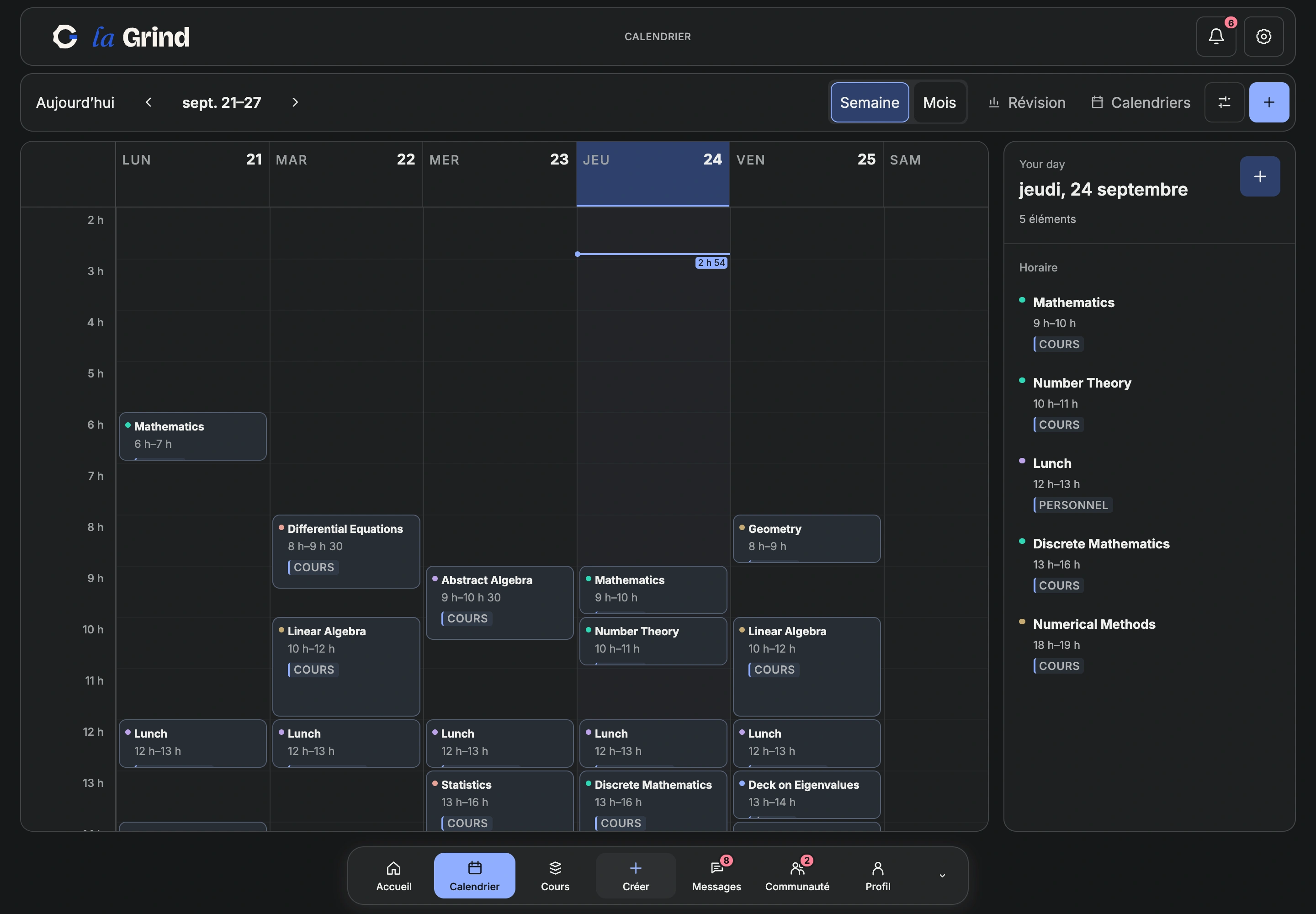 Le calendrier actuel de La Grind en mode sombre