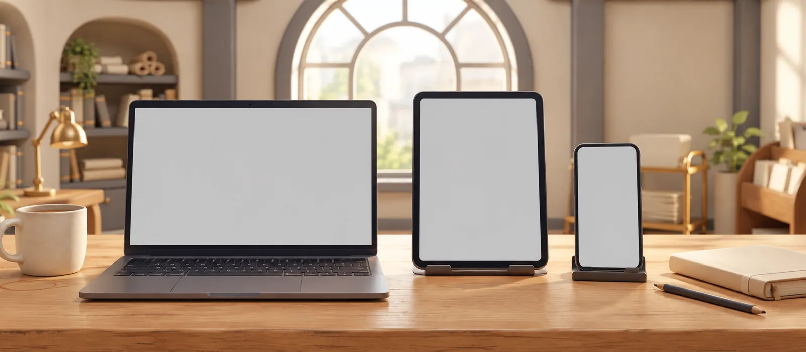 Un portable, un iPad et un téléphone côte à côte sur un bureau