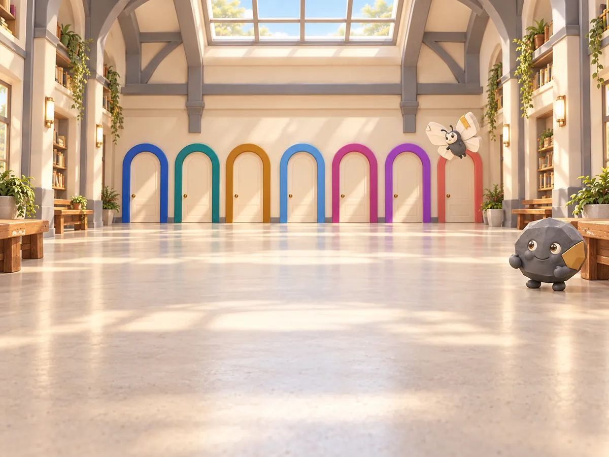 Un grand hall d’étude avec une porte par app, chacune de sa couleur, où arrivent Stone et Butterfly