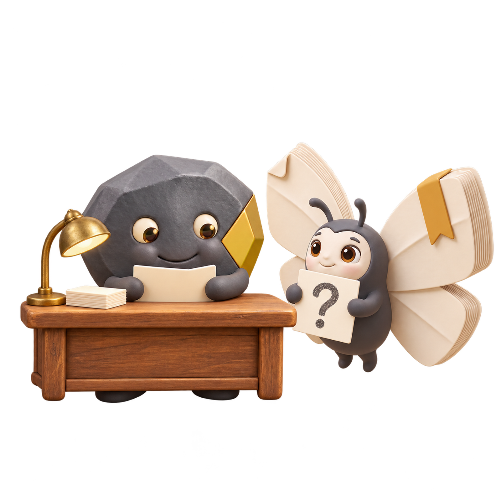 Stone à un petit comptoir d’aide, Butterfly tenant une carte avec un point d’interrogation