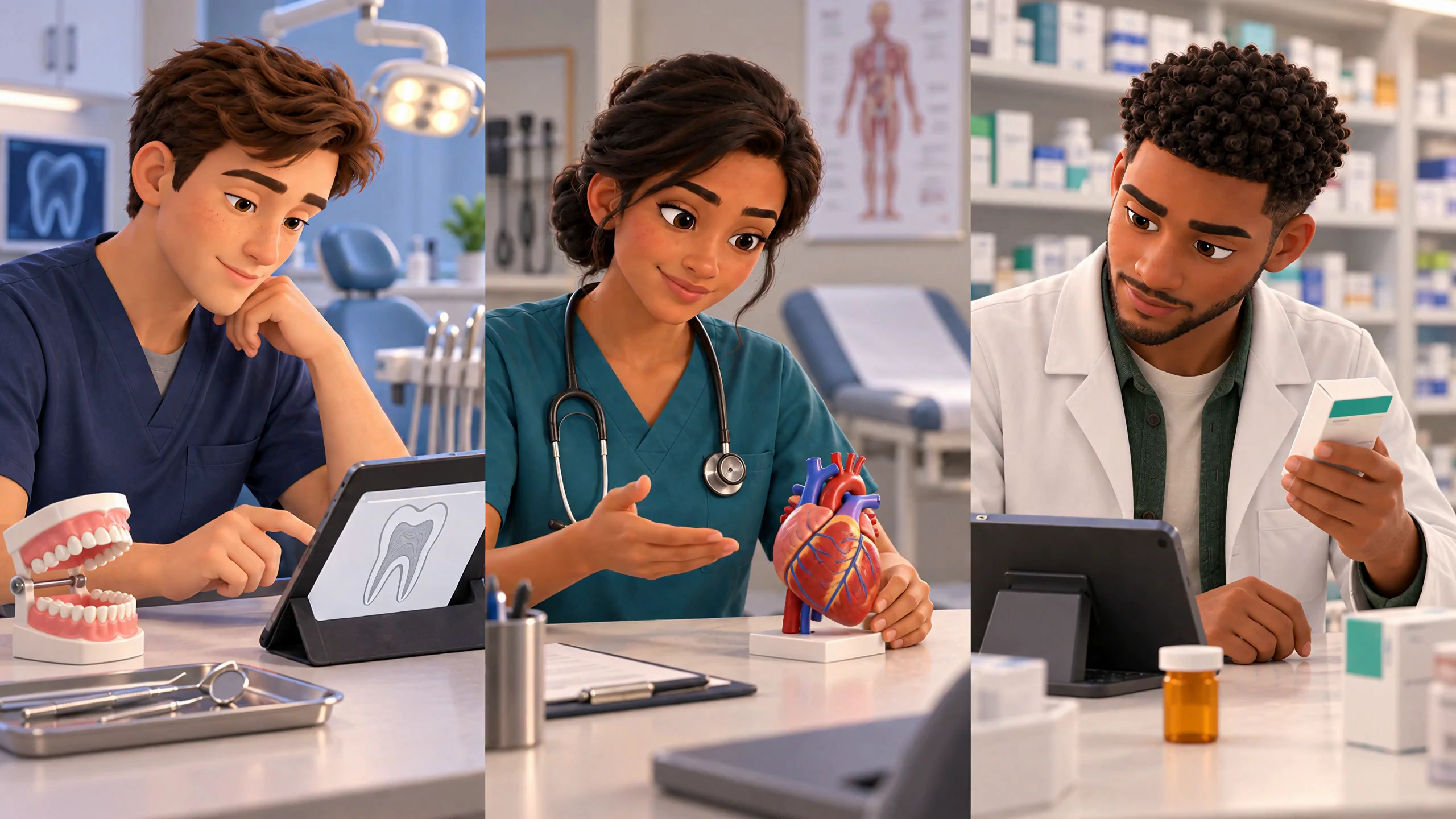 Des professionnels animés en dentisterie, en médecine et en pharmacie examinent un schéma dentaire, expliquent un modèle du cœur et vérifient un médicament.