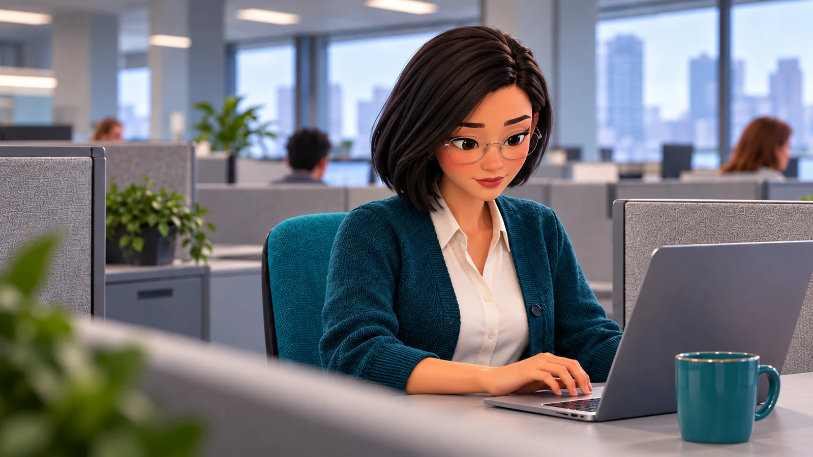 Une étudiante en comptabilité révise son travail sur un ordinateur.