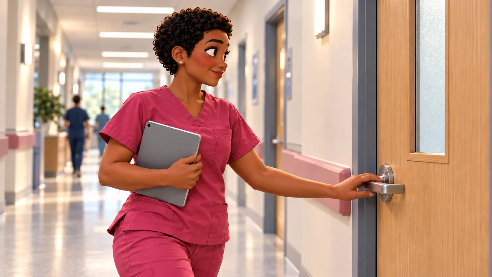 Une étudiante en sciences infirmières tient une tablette dans un couloir hospitalier.